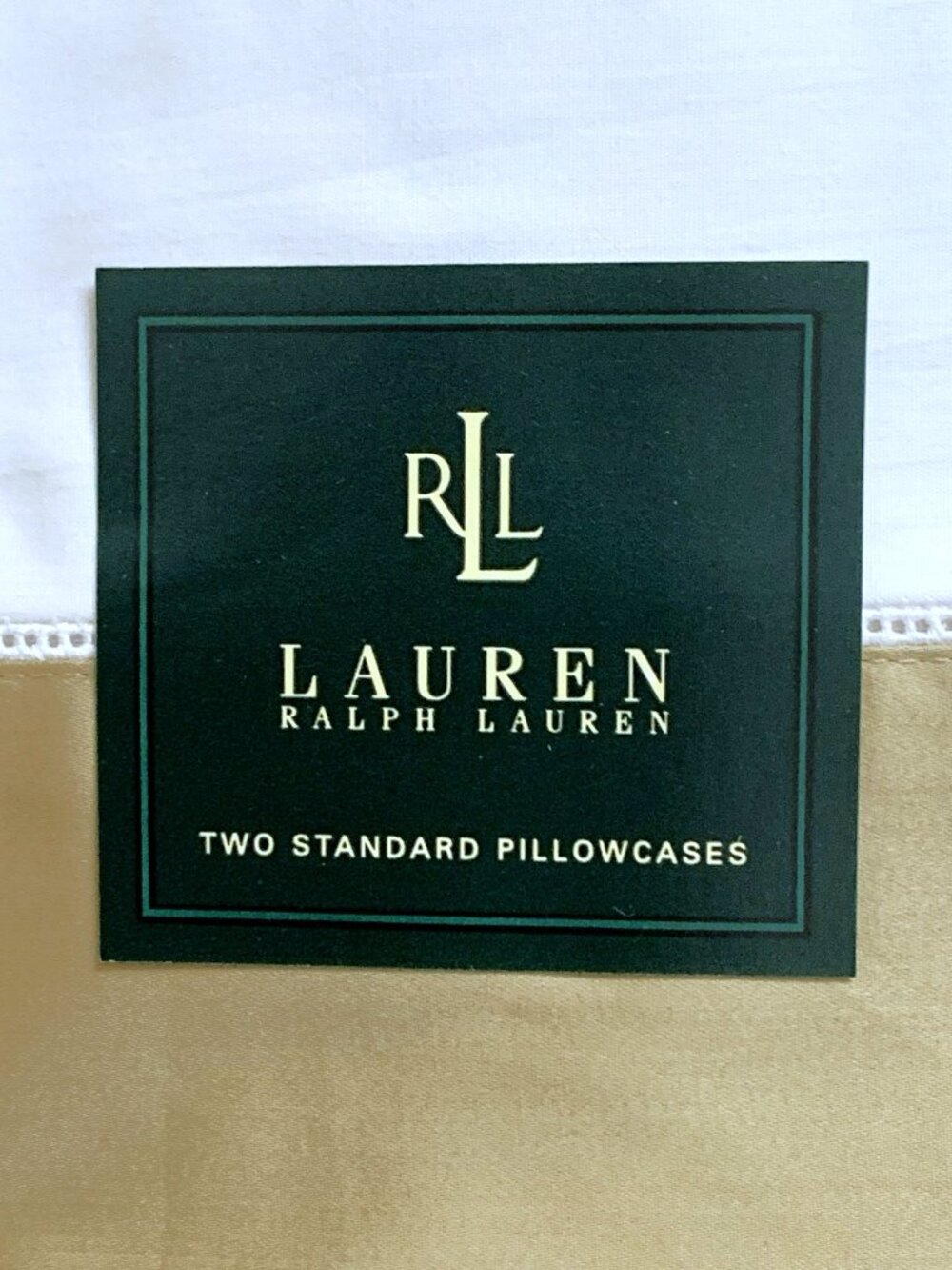 Ralph Lauren White / Bronze Sand Picot Edge 250TC Cotton Pillowcases Std NOS Vtg